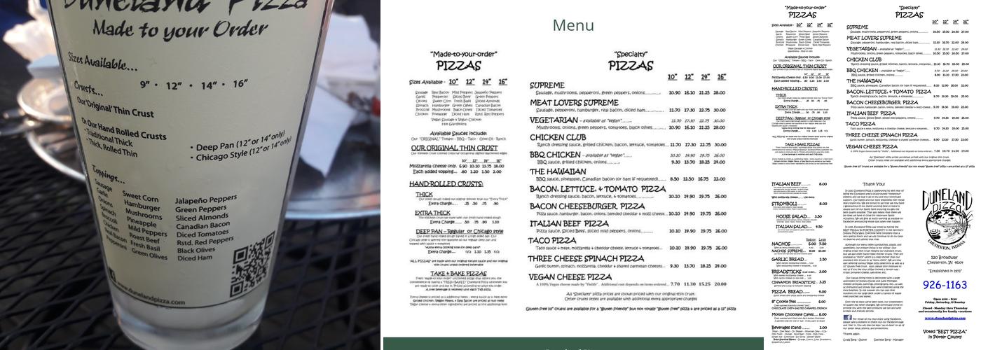Duneland Pizza Menu