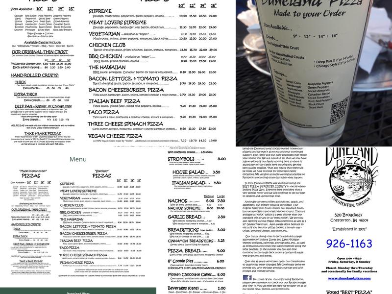 Duneland Pizza Menu