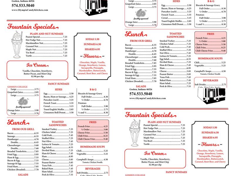 Olympia Candy Kitchen Menu