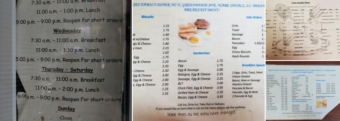 Aries Family Diner Menu