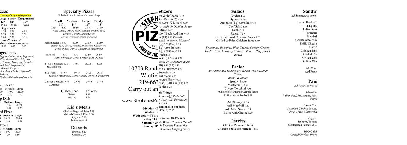 Stephano's Pizza Menu
