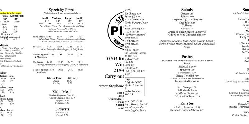 Stephano's Pizza Menu