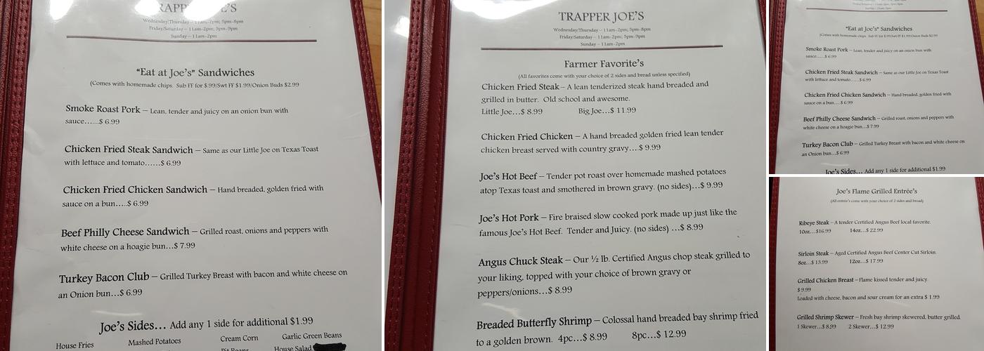 Trapper Joe's Menu