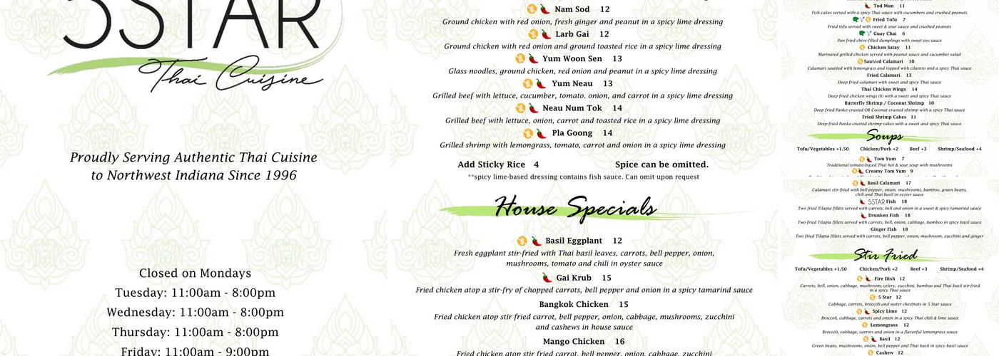 Five Star Thai Cuisine and Grocery Menu