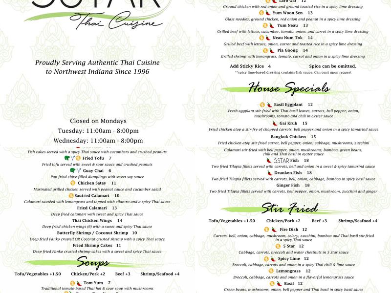 Five Star Thai Cuisine and Grocery Menu