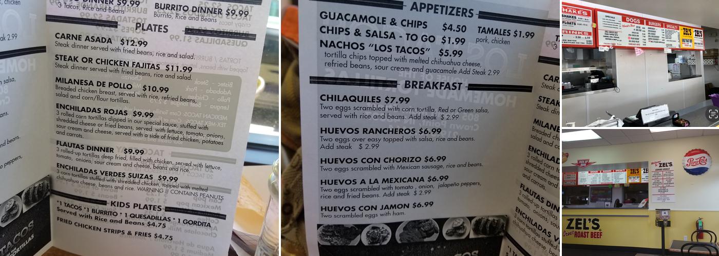 Zel's Roast Beef Menu