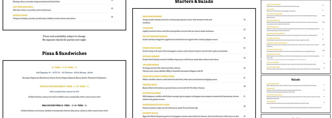 Three Monkeys Pub Menu