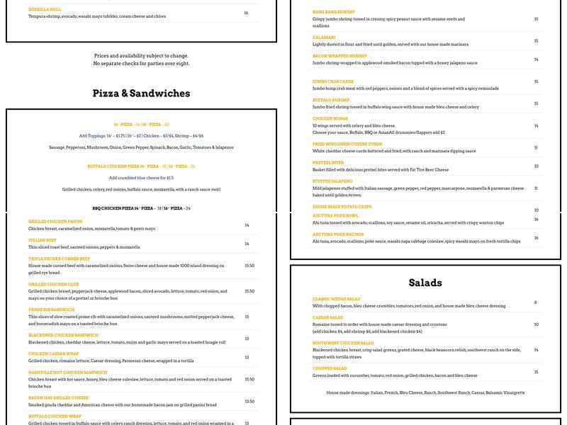 Three Monkeys Pub Menu