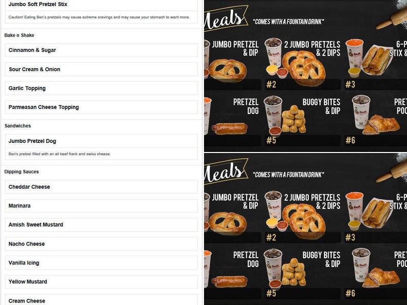 Ben's Soft Pretzels Menu