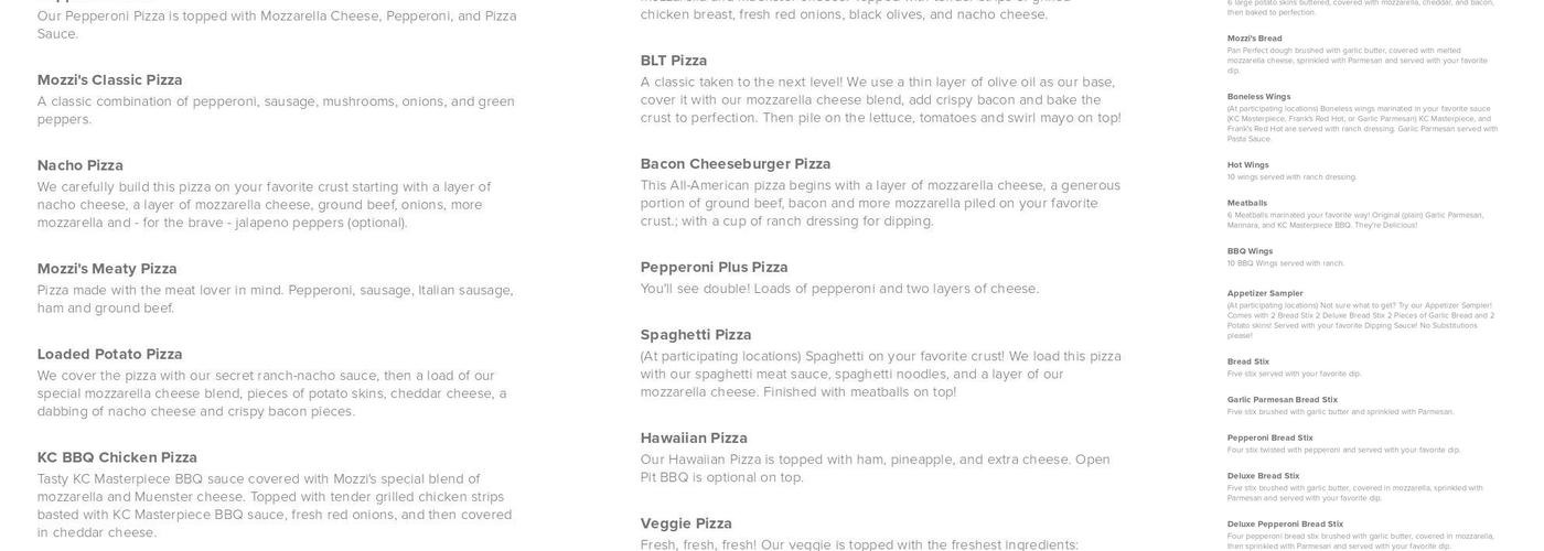 Mozzi's Pizza Menu