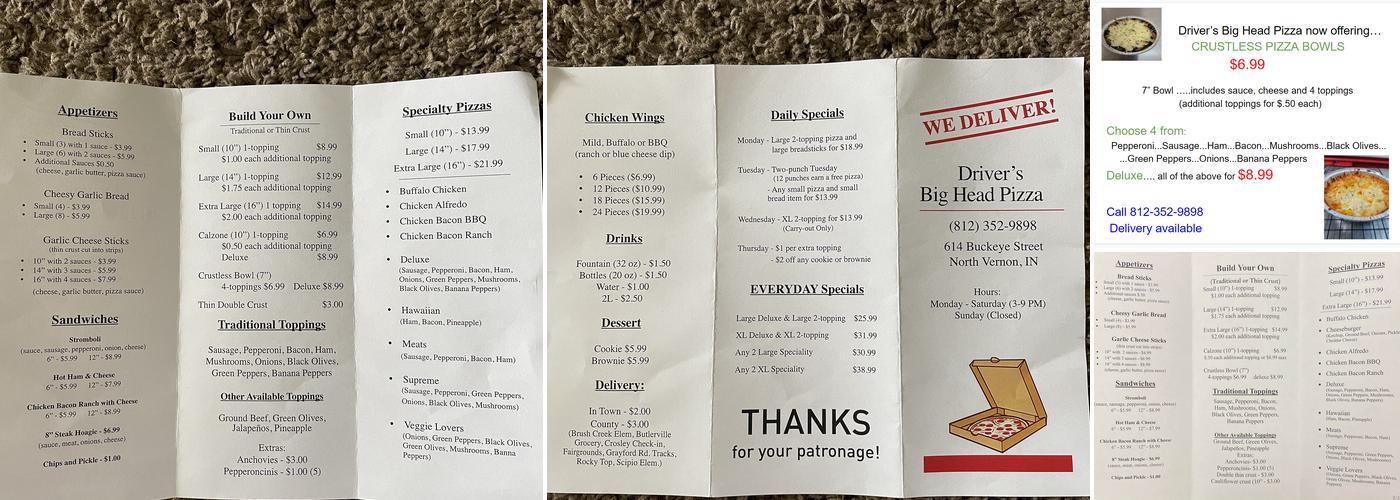 Big Head Pizza Menu