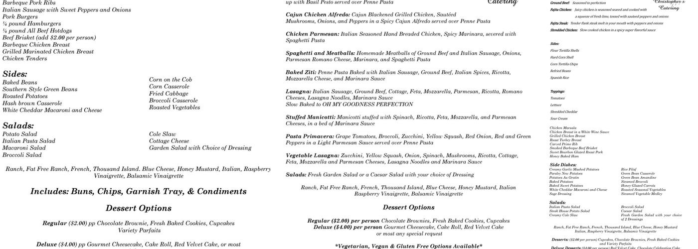 Christopher's Catering Menu