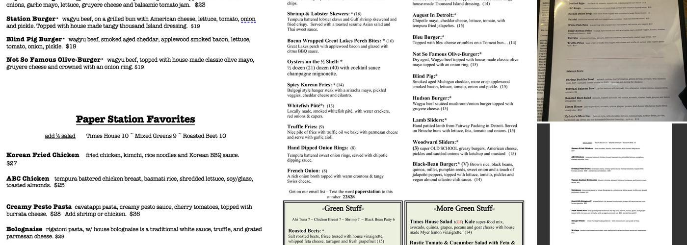 The Paper Station Bistro Menu