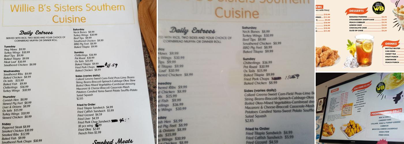 Willie B's Sisters Southern Cuisine Menu