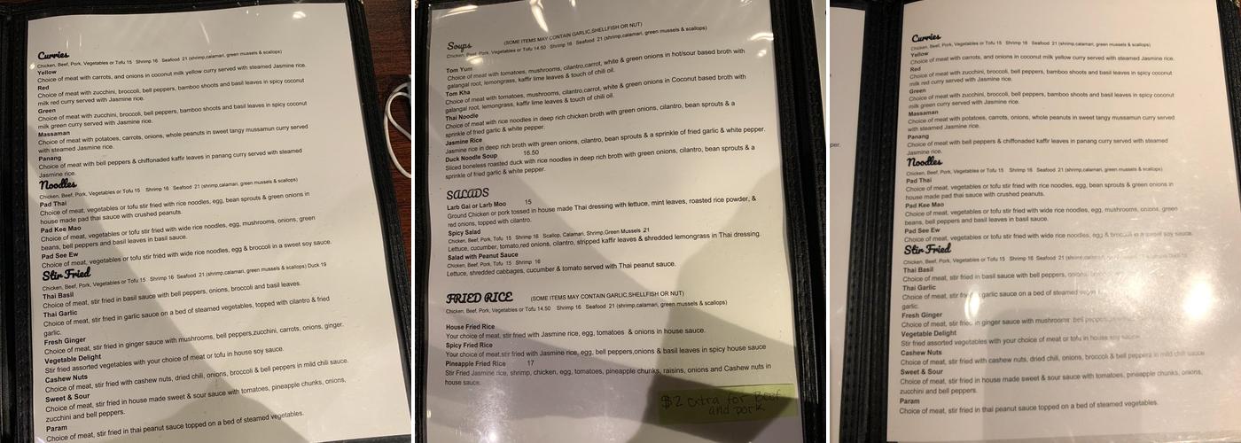 A Taste of Thai Menu