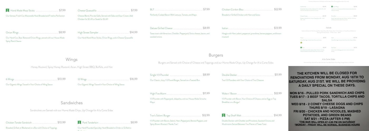 High Street Bar & Grill Menu