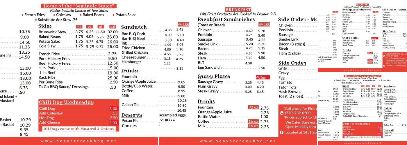 Beaver Creek Biscuit Company and Barbecue Menu