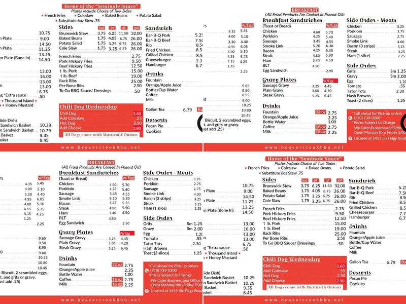 Beaver Creek Biscuit Company and Barbecue Menu