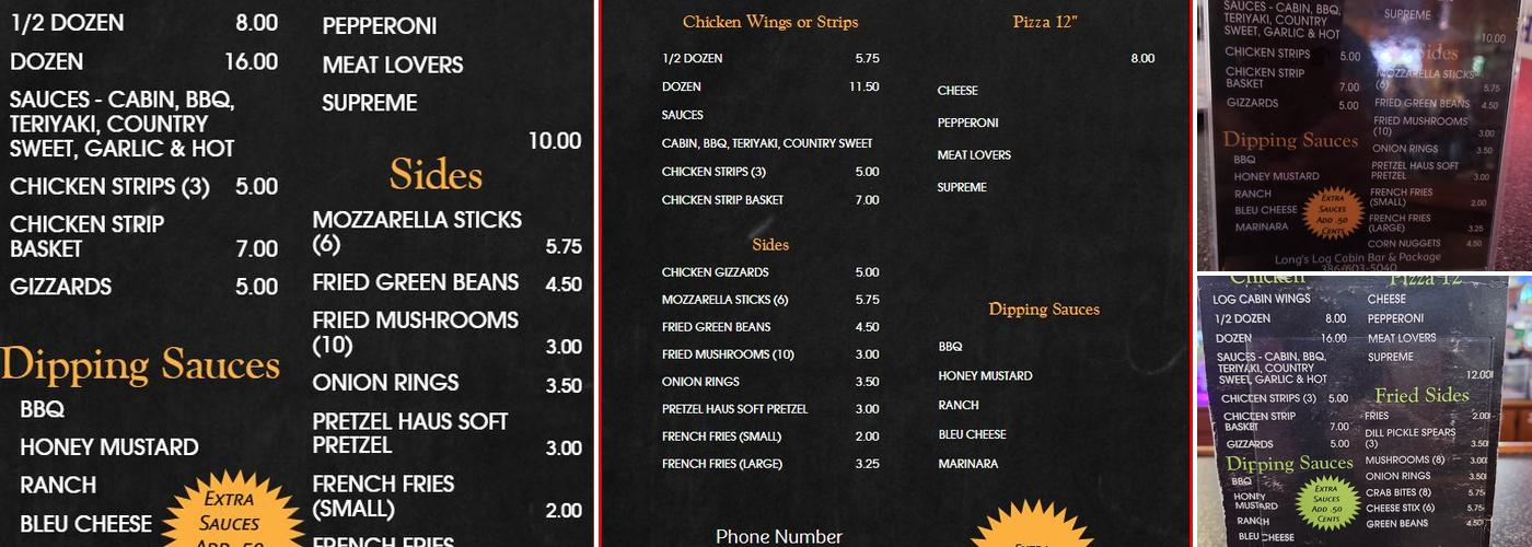 Long's Log Cabin Bar & Package Menu