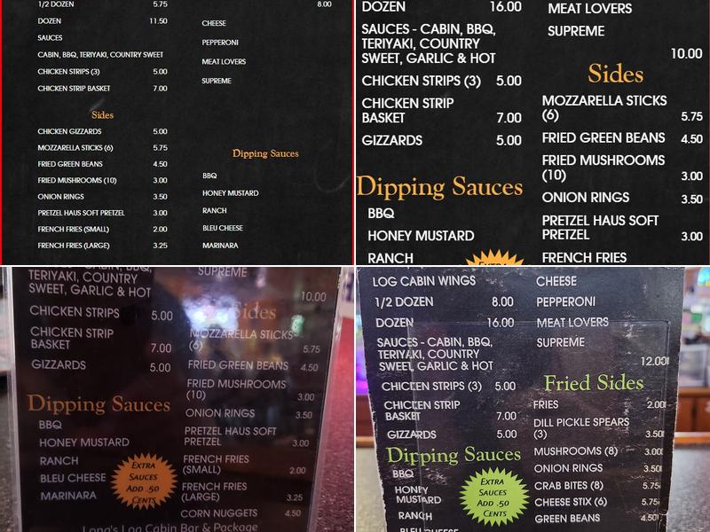 Long's Log Cabin Bar & Package Menu