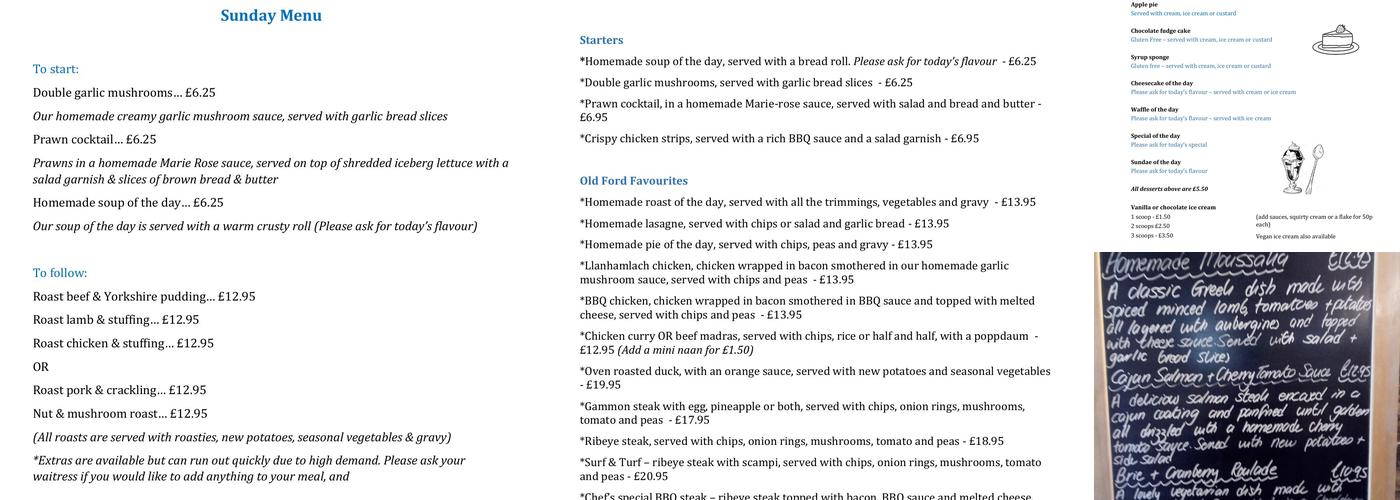 The Old Ford Inn Menu