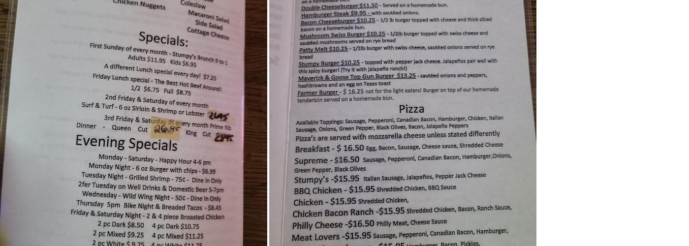 Stumpy's Bar & Grill Menu