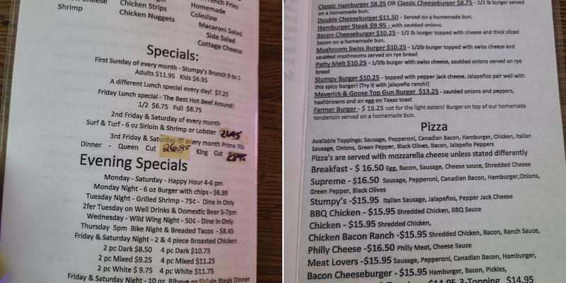 Stumpy's Bar & Grill Menu