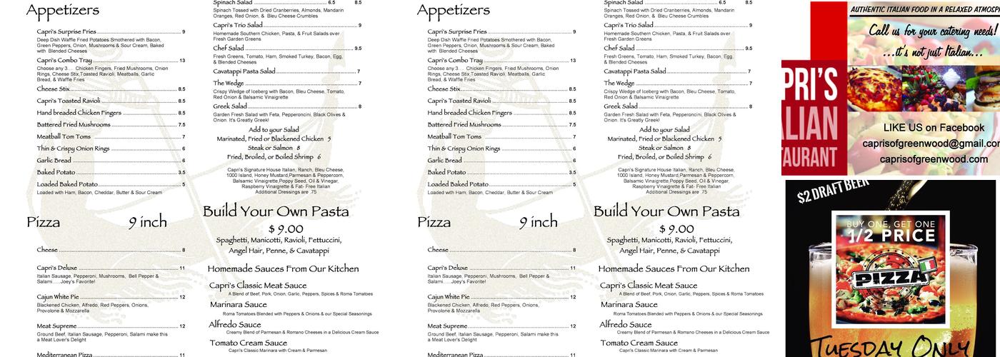 Capri's Italian Menu
