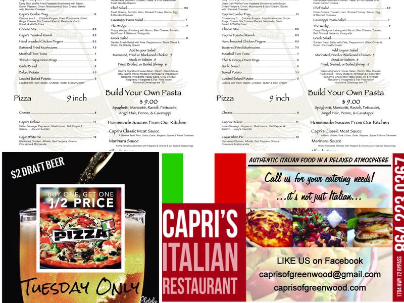 Capri's Italian Menu