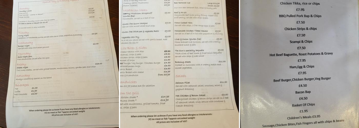The Sun Inn Menu