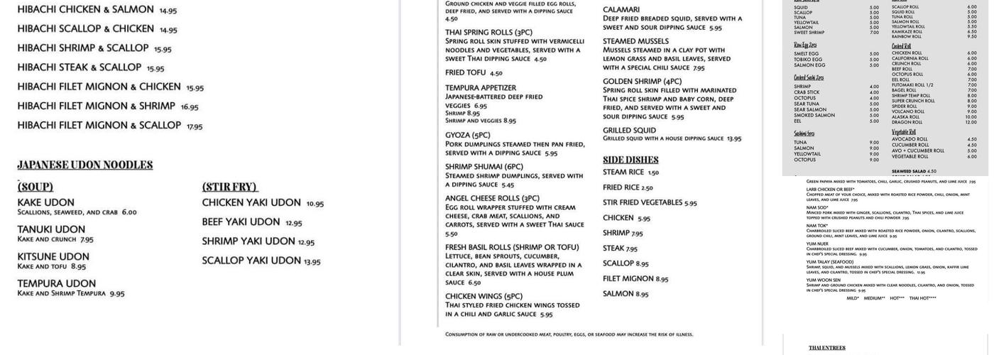 Fusion Japanese & Thai Menu