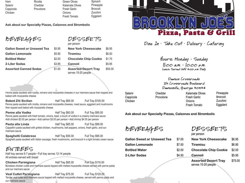 Brooklyn Joe's Pizza Pasta Menu
