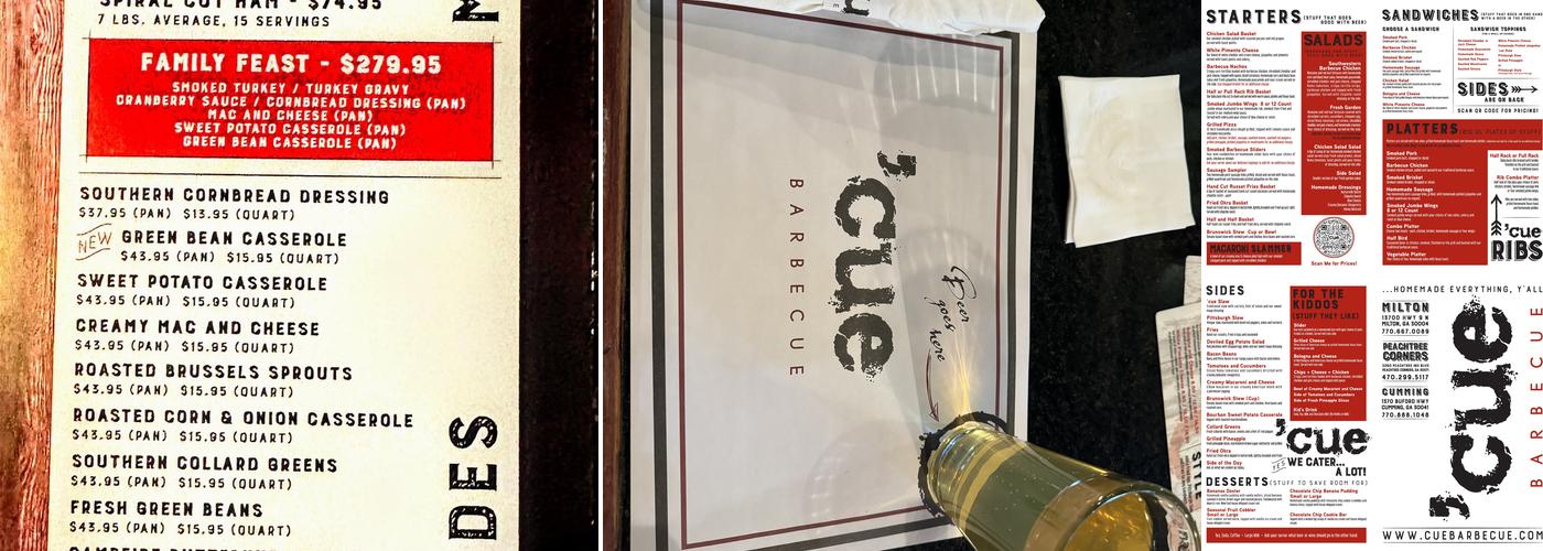 Cue Barbecue Menu