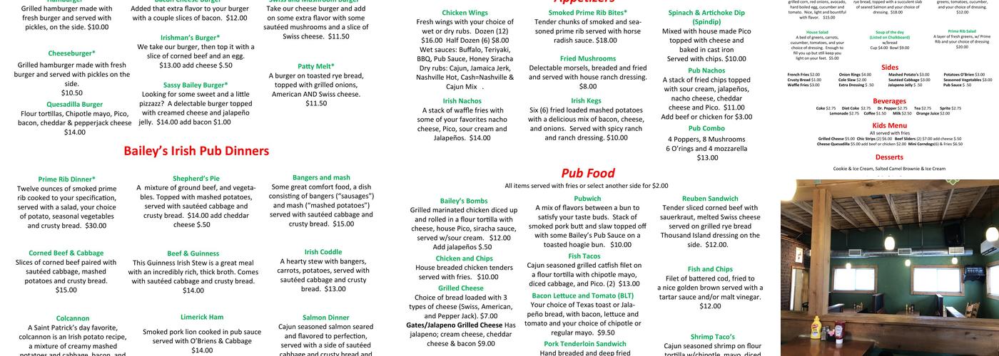 Bailey’s Irish Pub Menu
