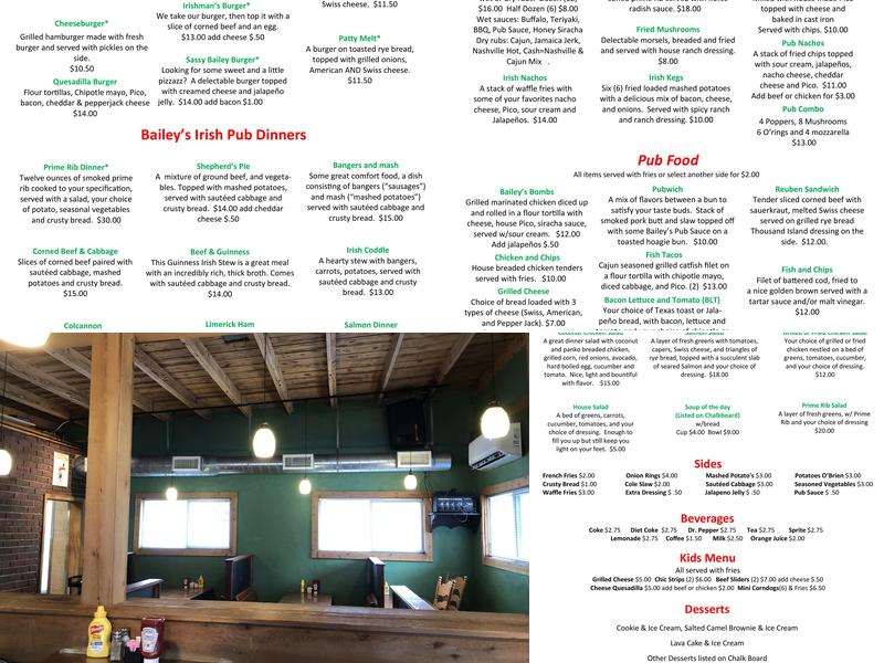 Bailey’s Irish Pub Menu