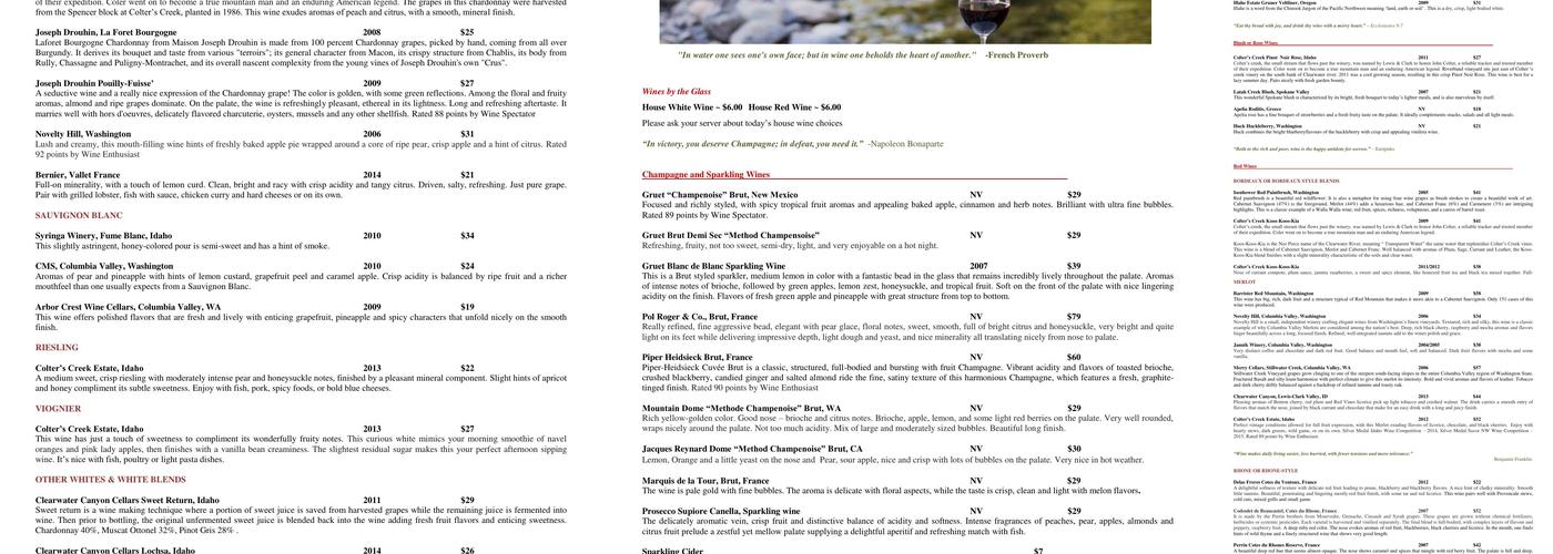 Syringa Cafe Menu