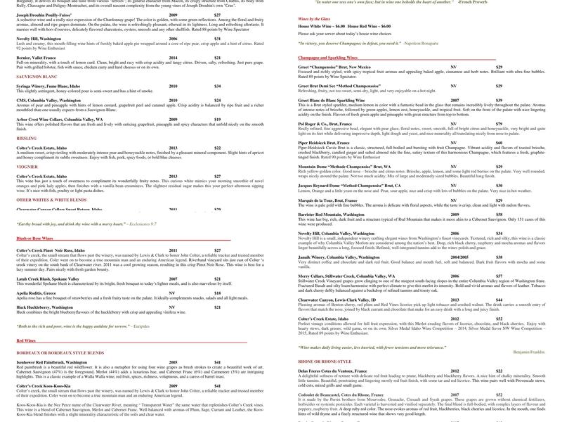 Syringa Cafe Menu