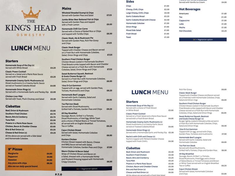 The Kings Head Menu