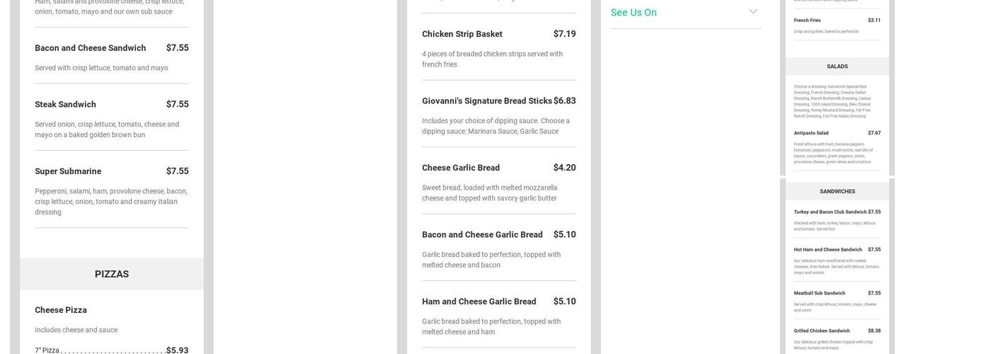 Giovanni's pizza Menu