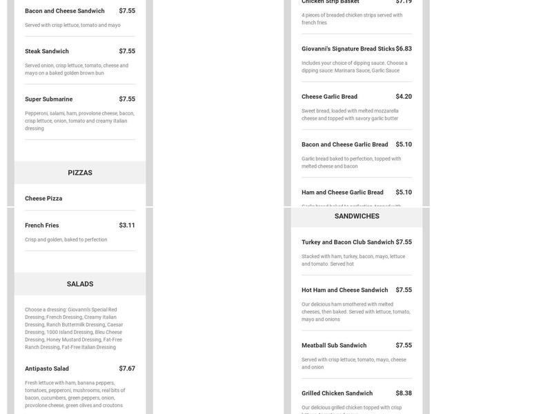 Giovanni's pizza Menu