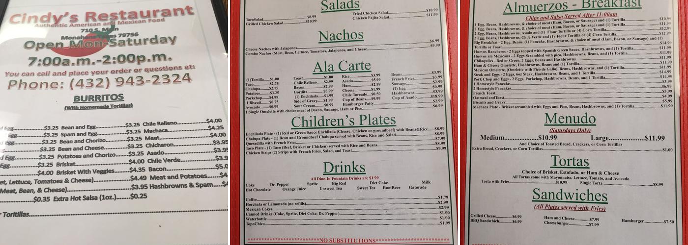 Cindy's Restaurant Menu