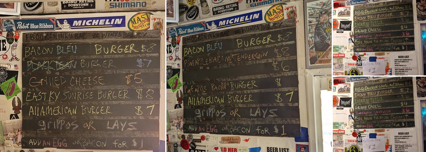 Winks Bar Menu
