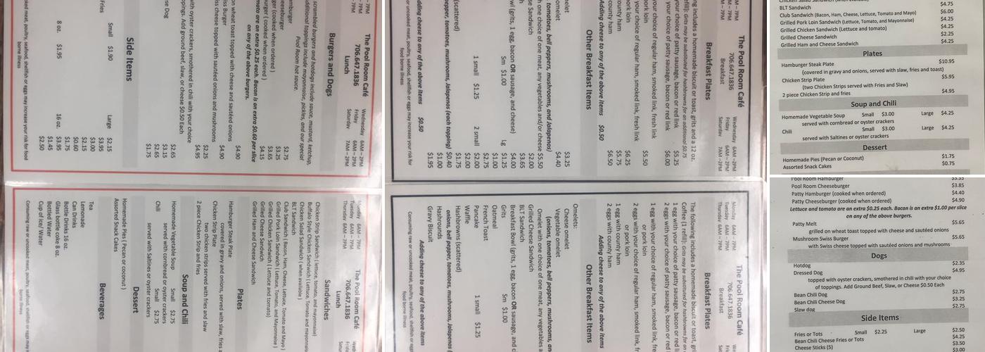 Pool Room Cafe Menu