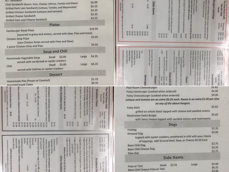 Pool Room Cafe Menu