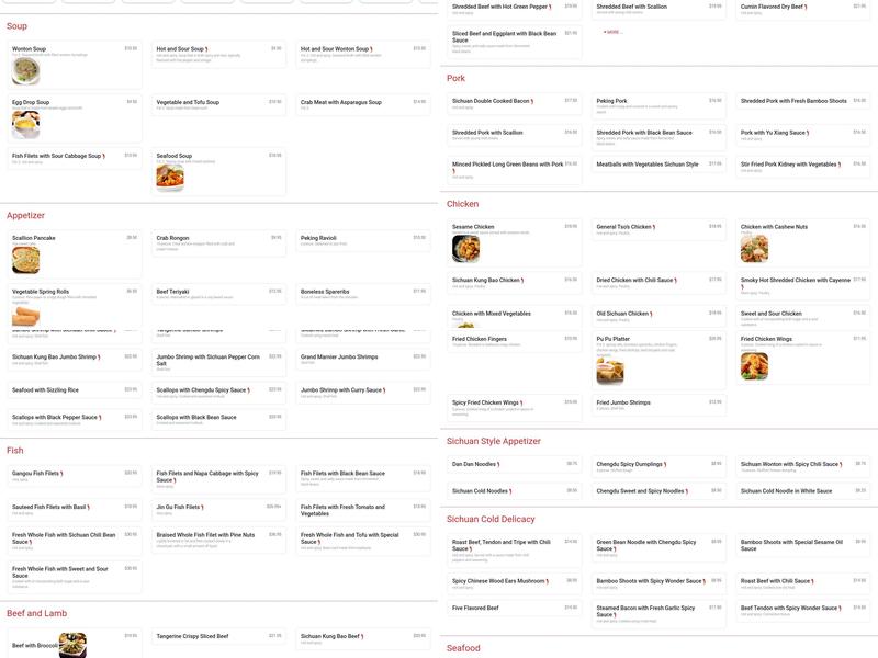 Sichuan Gourmet Sharon Menu