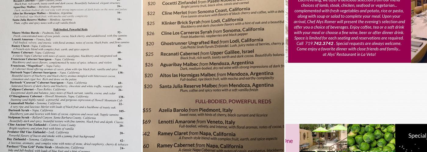 Alys' Restaurant Menu