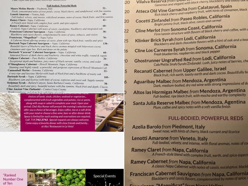 Alys' Restaurant Menu