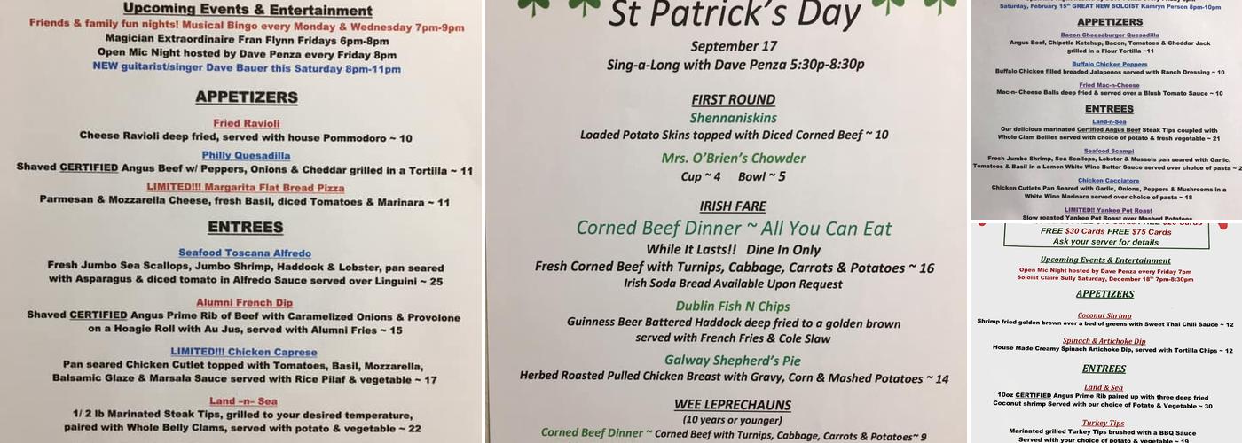 Alumni Restaurant & Bar Menu