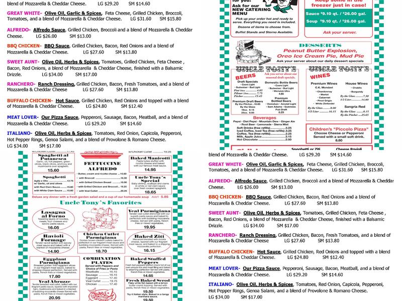 Uncle Tony's Pizza & Pasta Menu