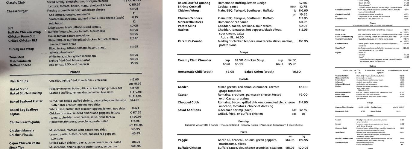 Parente's Restaurant Menu